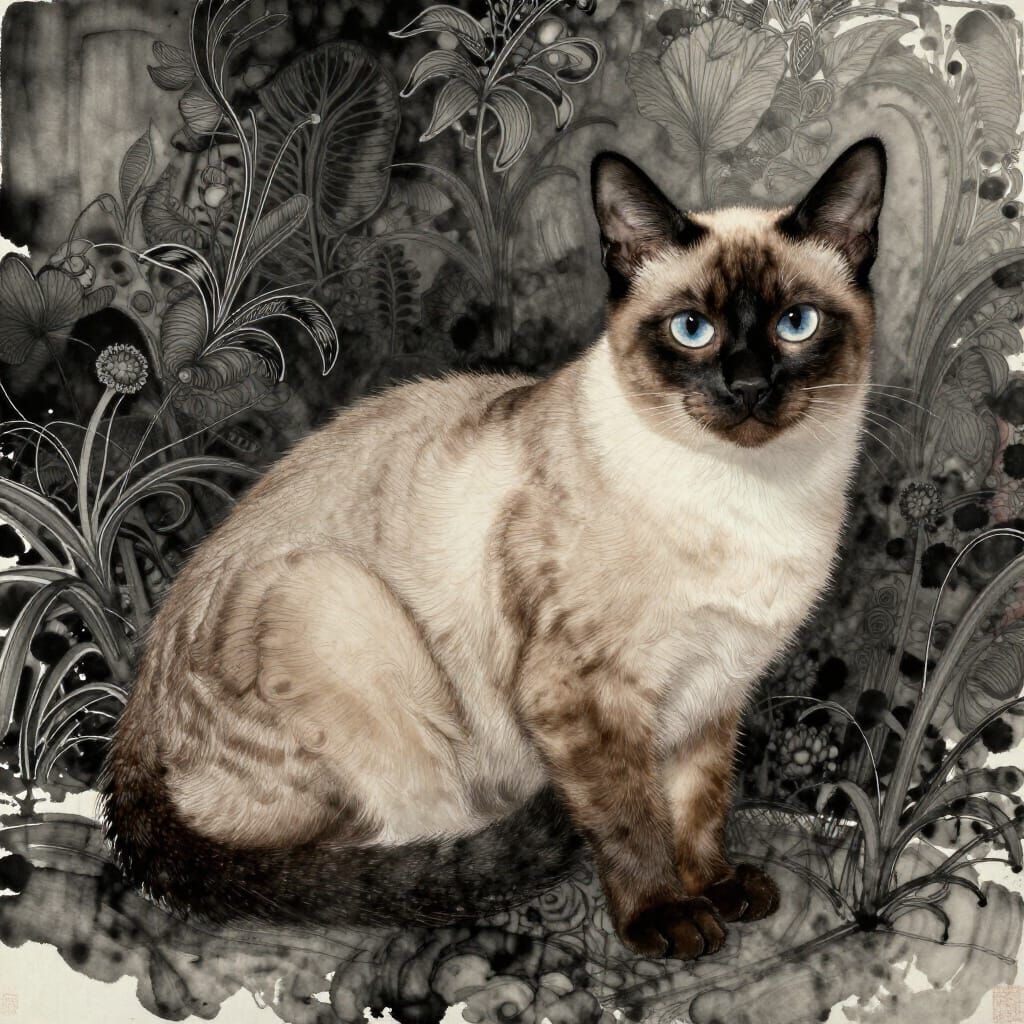 Siamese Cat in Atmospheric Ink and Wash Masterpiece