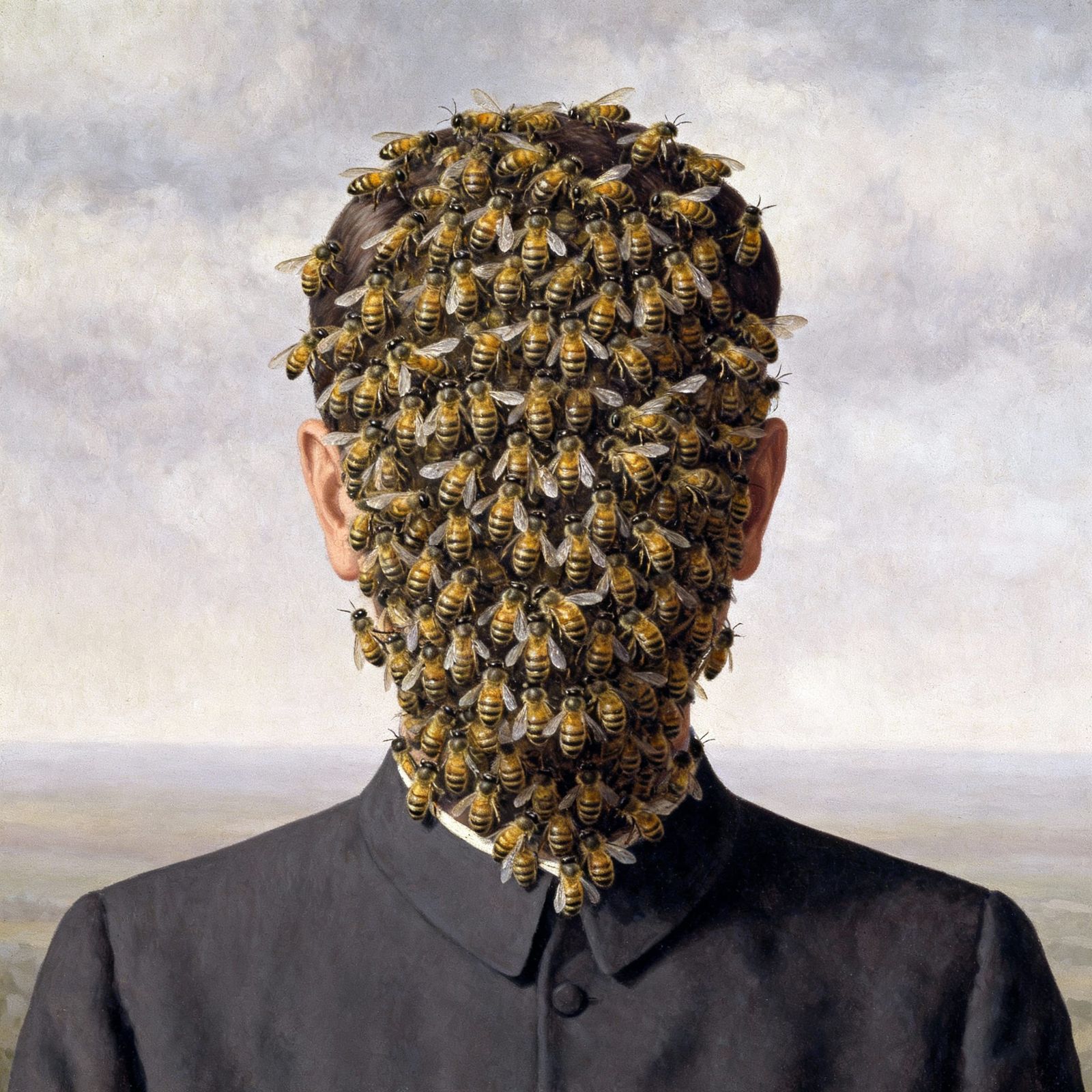 Surrealist Man's Head Covered in Bees