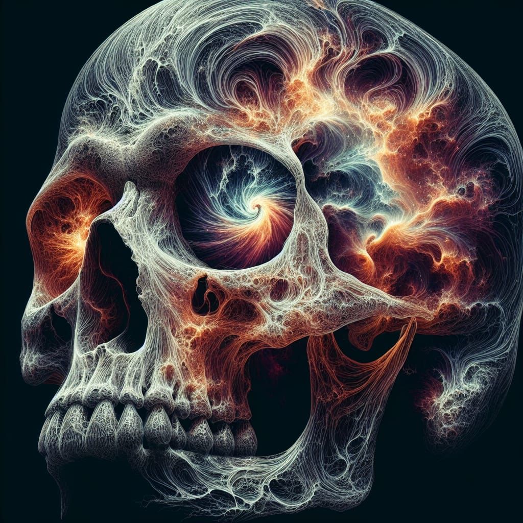a hyper detailed skull with swirling gas masses in the eye s...