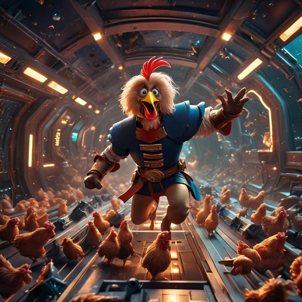 Cinematic Space Battle Scene with Chicken Warrior