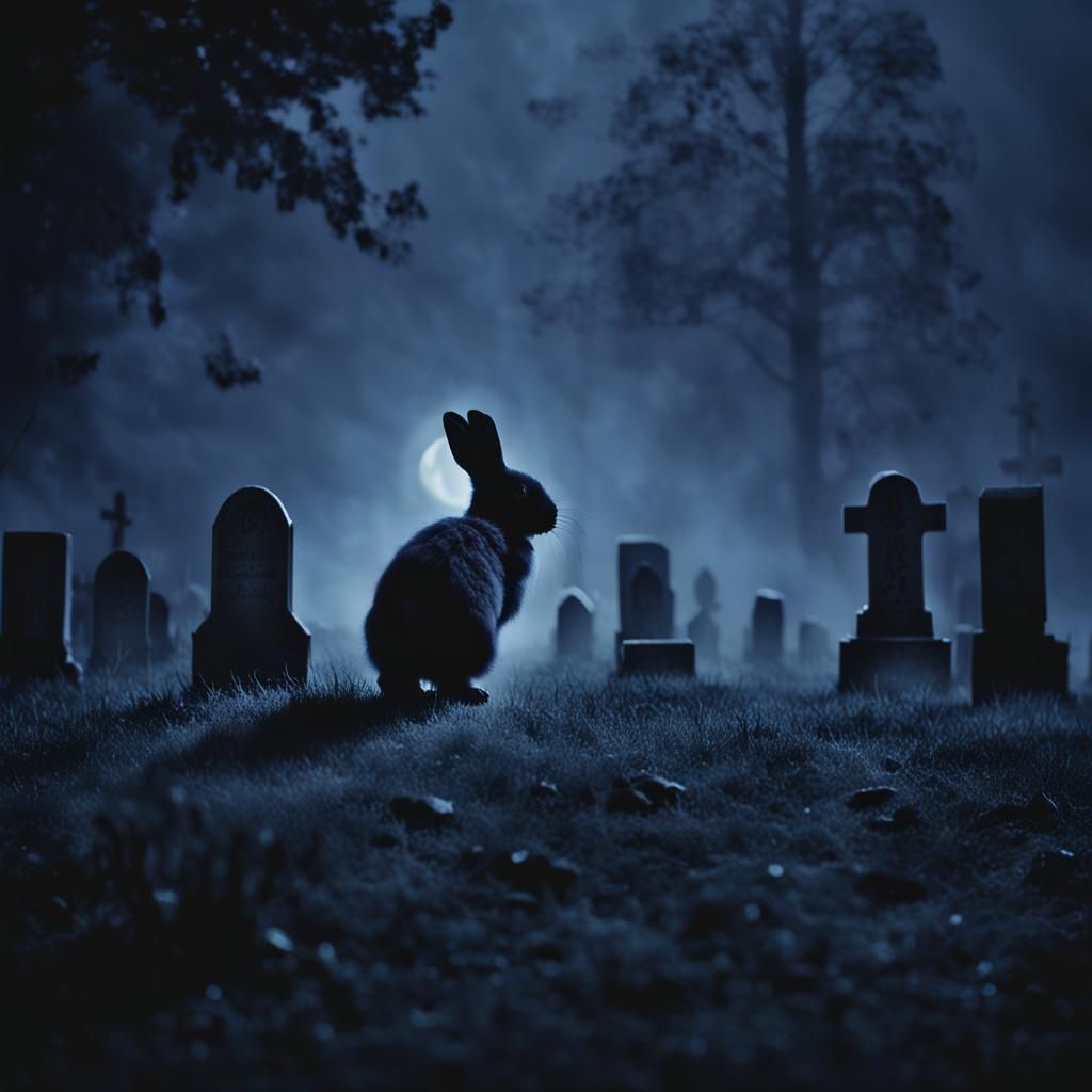 Mystical Bunny in Fog-Covered Graveyard