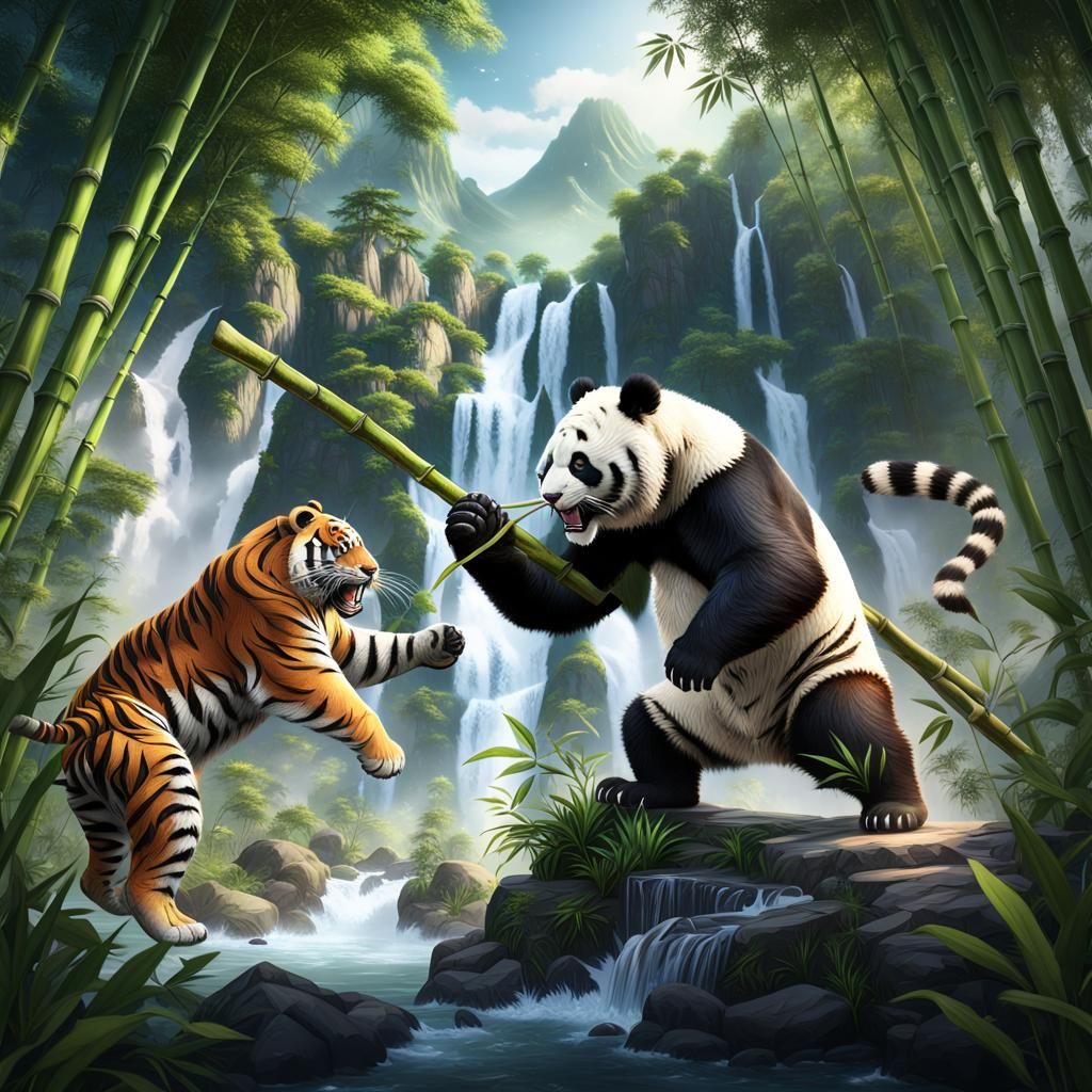 Panda vs Tiger in Bamboo Forest: Fantasy Art