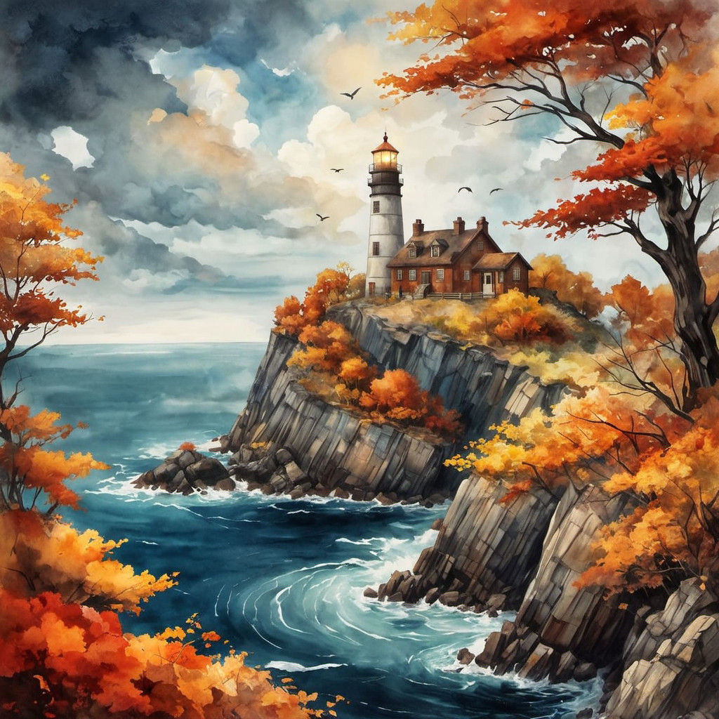 Whimsical Autumn Lighthouse Scene in Earthy Palette