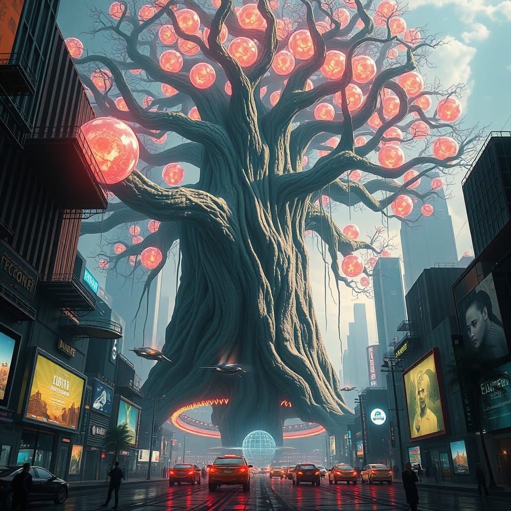 Futuristic Tree with Glowing Runes in Cyberpunk City