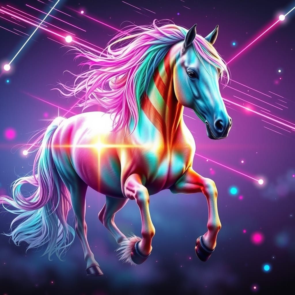 Majestic Gypsy Vanner Horse in Neon Cosmic Dreamscape