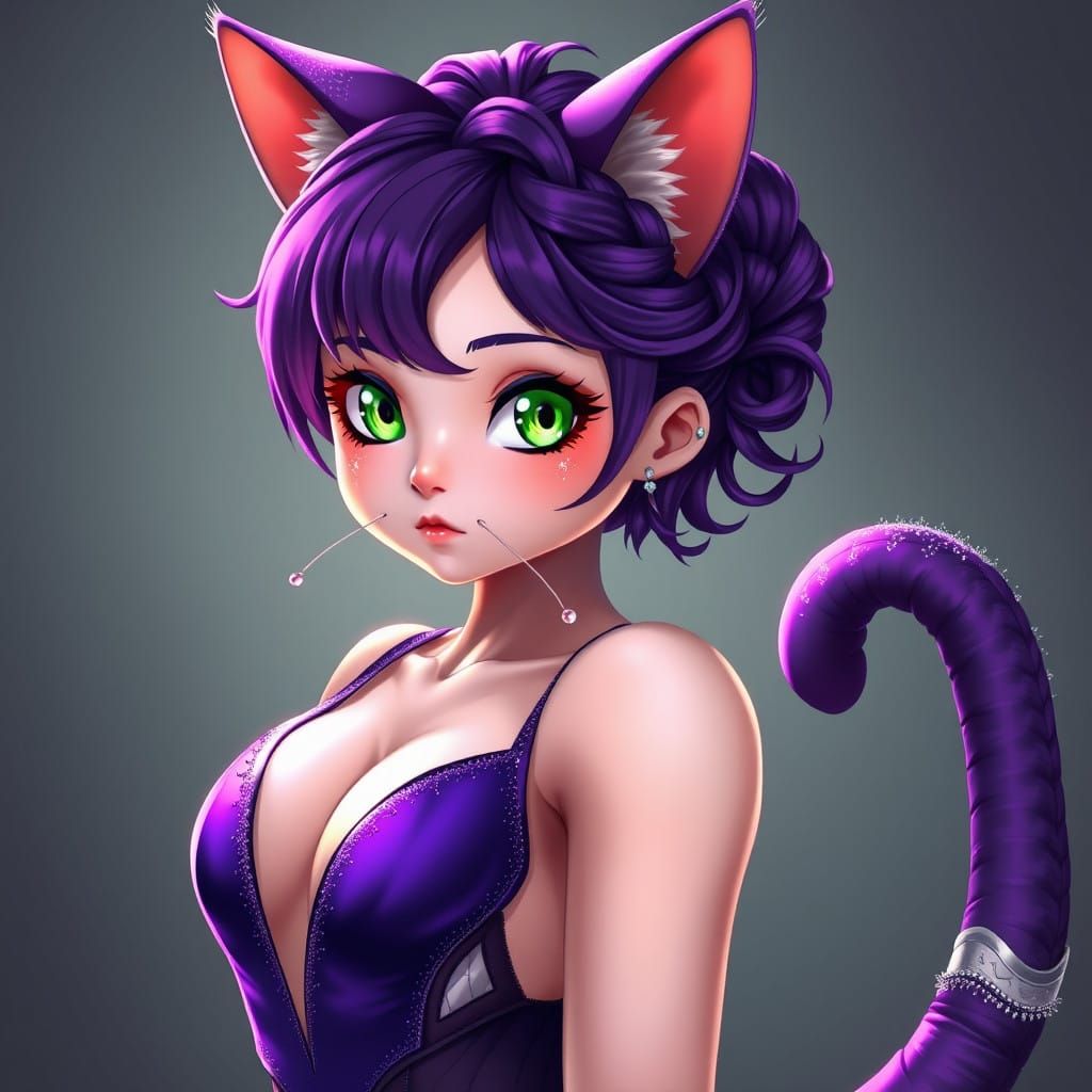 Anime-Inspired Catgirl in Rich Plum-Purple Hair and Deep Jew...