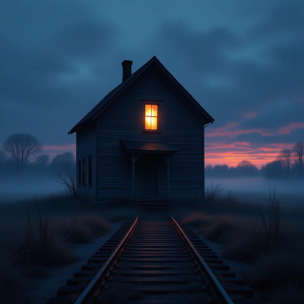 Rustic Farmhouse in Twilight Mist with Chiaroscuro Lighting