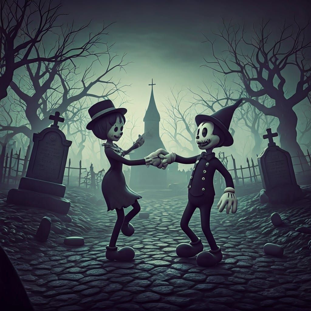 Spooky Cartoon Characters Dance in Graveyard
