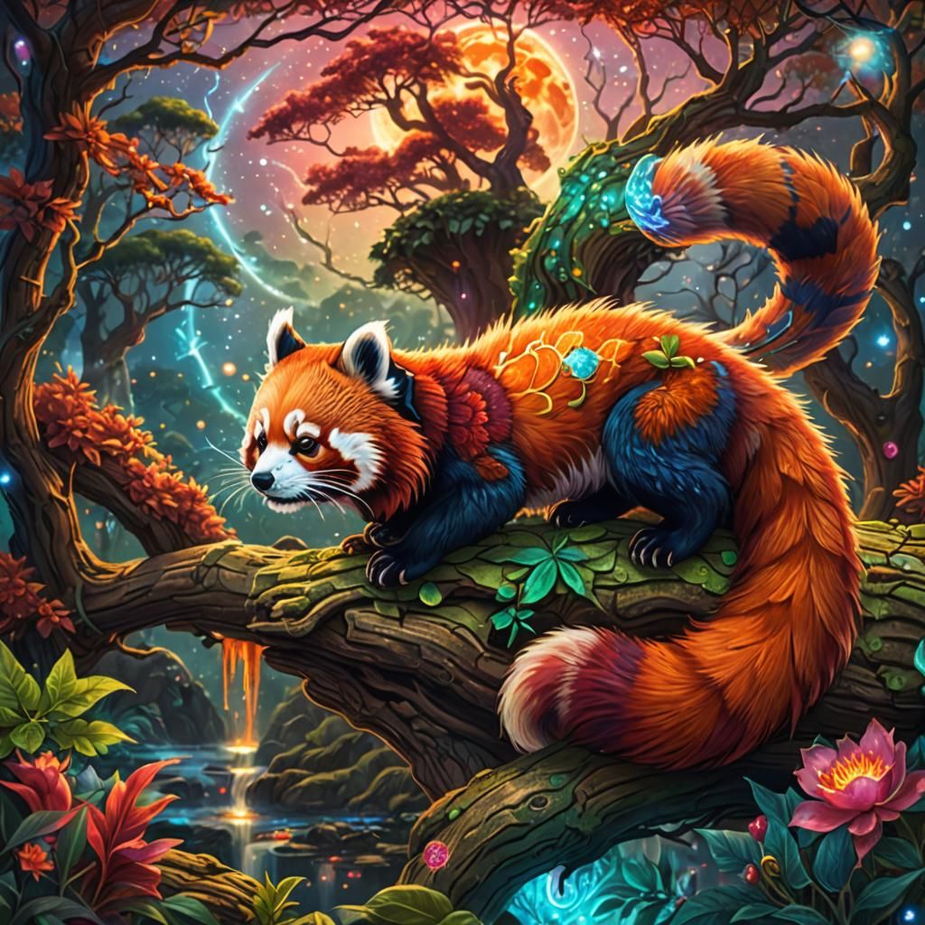 Red Panda Dragon Hybrid in Cosmic Illustration