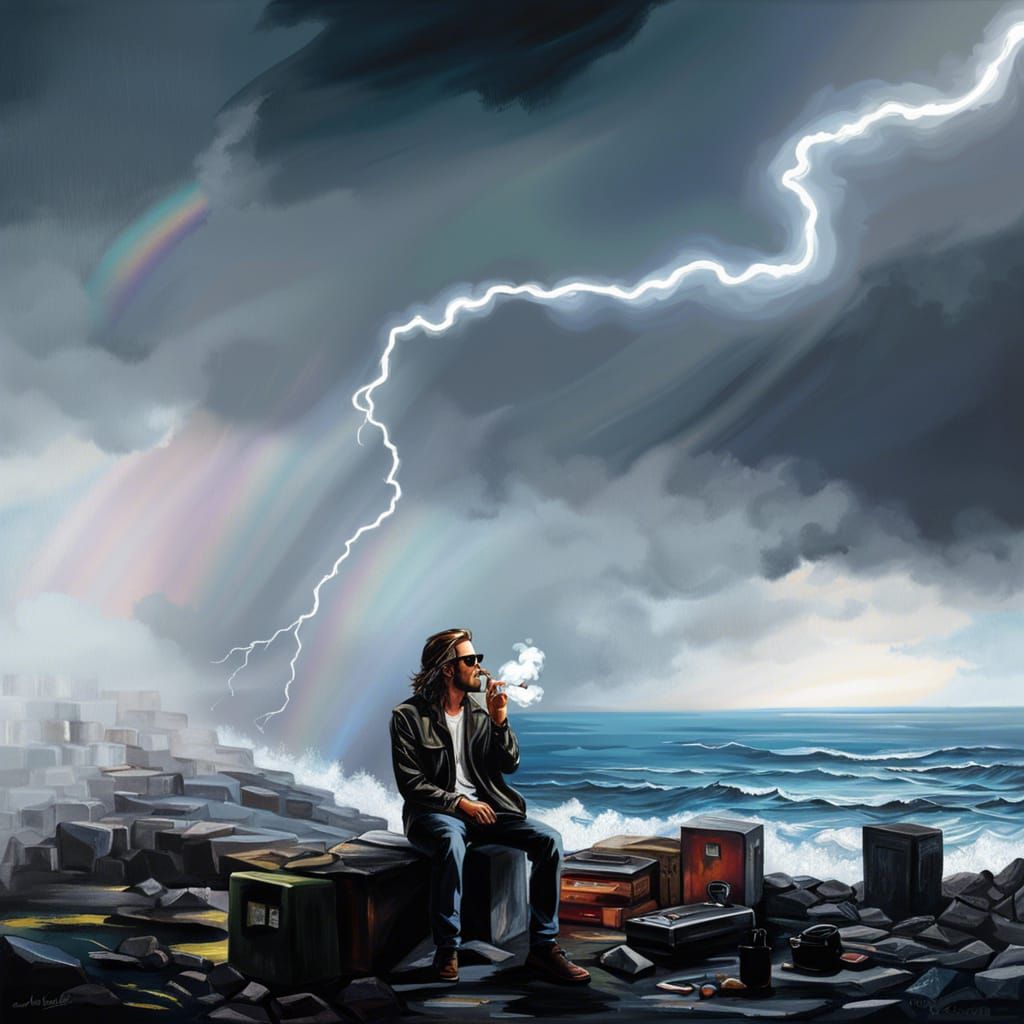 Man Smoking as Lightning Strikes, Graffiti Art