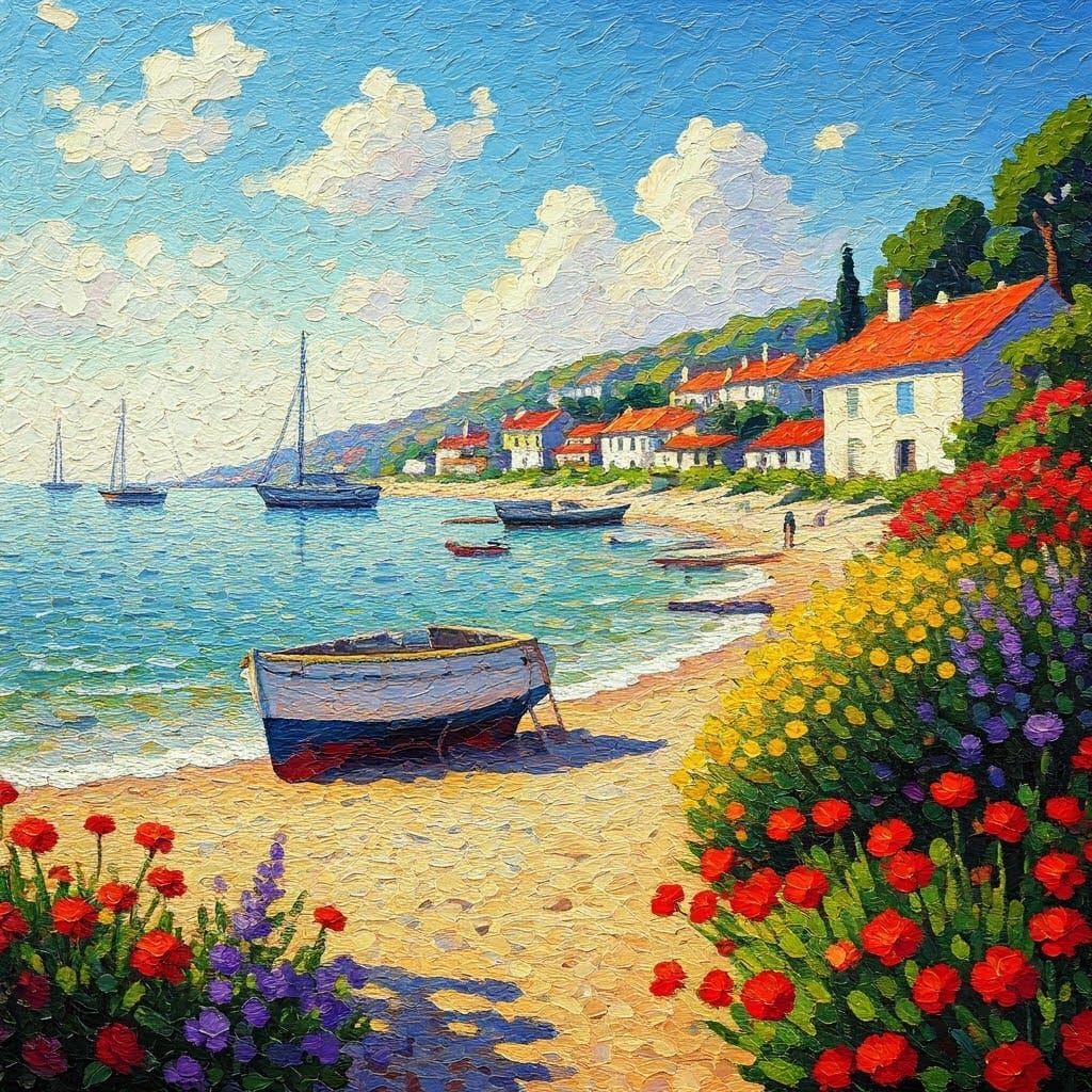 a pointillism painting of a Beautiful Seascape of Bay Sand B...