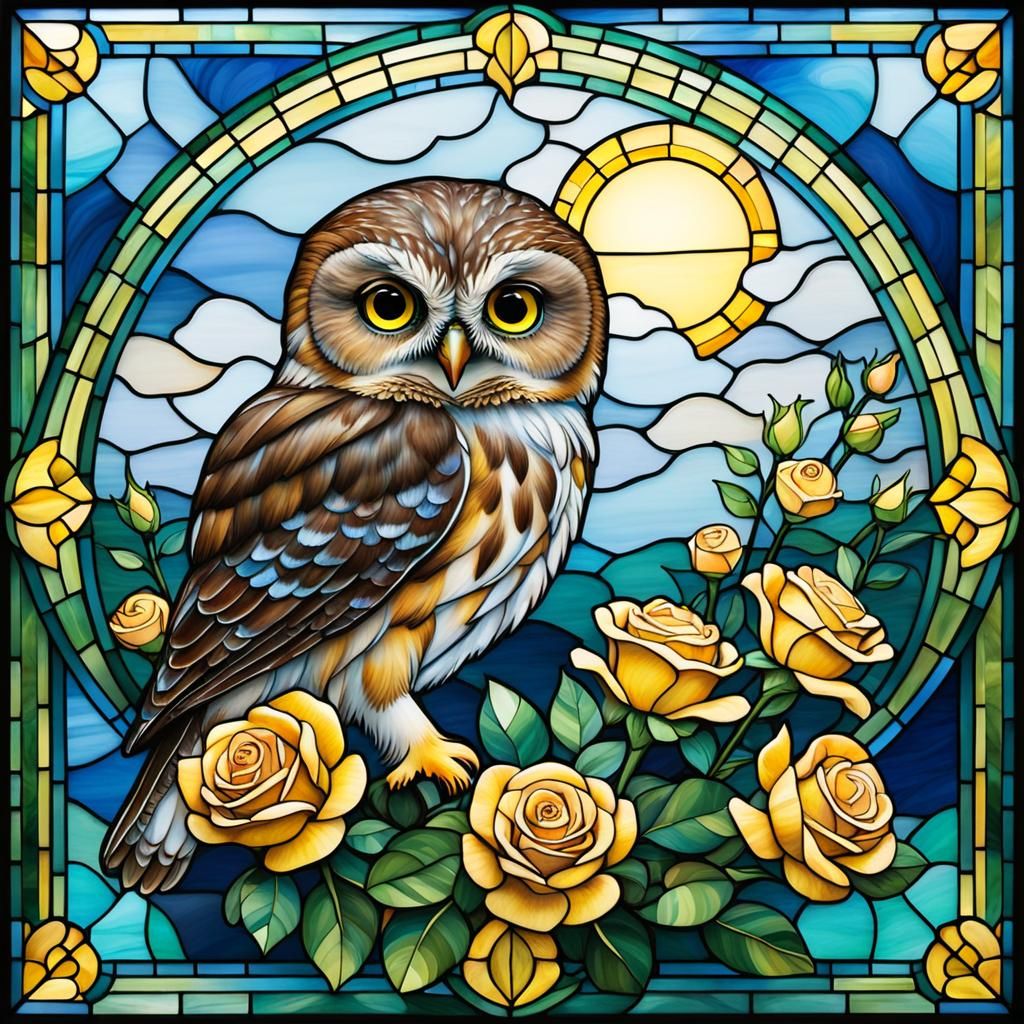 Stained Glass Owl with Roses in Sunlight