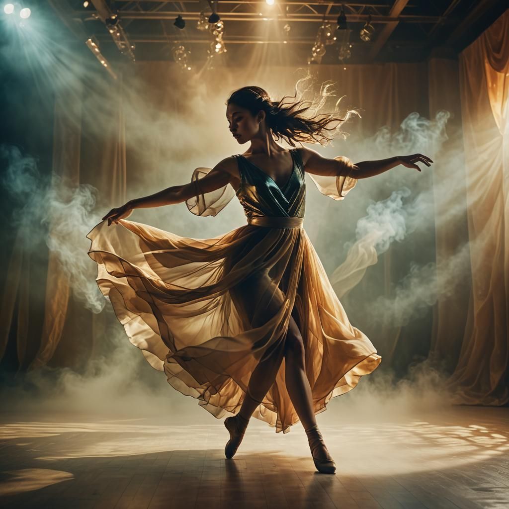 Surreal Dancer in Dreamlike Motion on Misty Stage