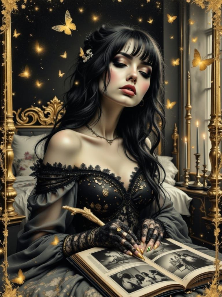 Emo Scene Queen with Magical Album on Ornate Bed