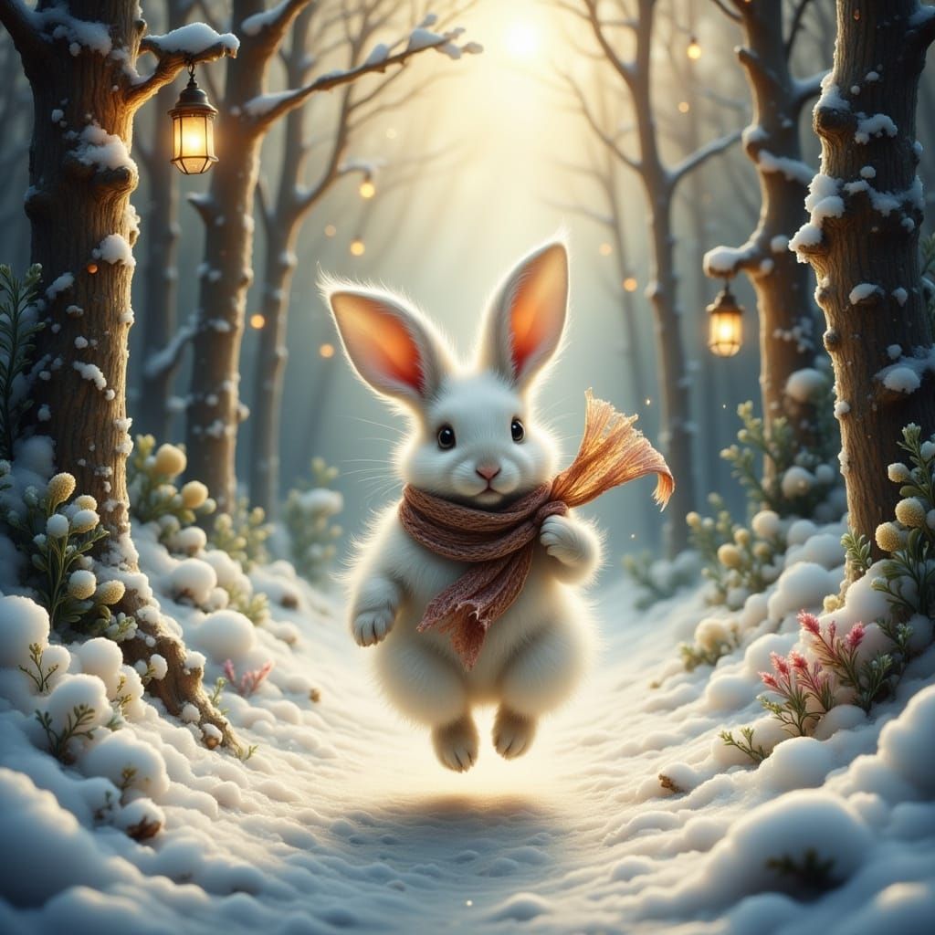 Fluffy Rabbit in Snowy Forest with Lantern Light