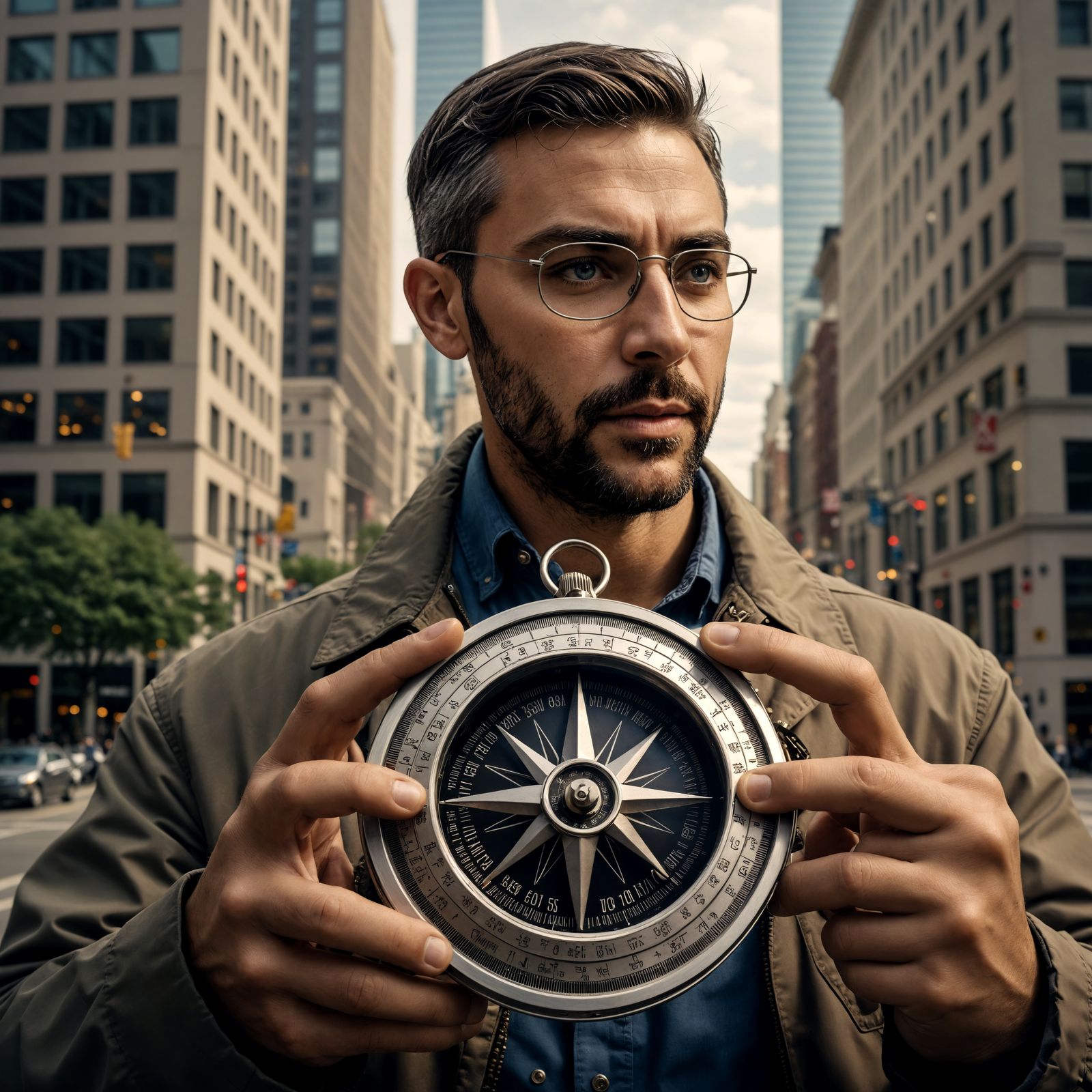 Man with Compass Outside Office Building
