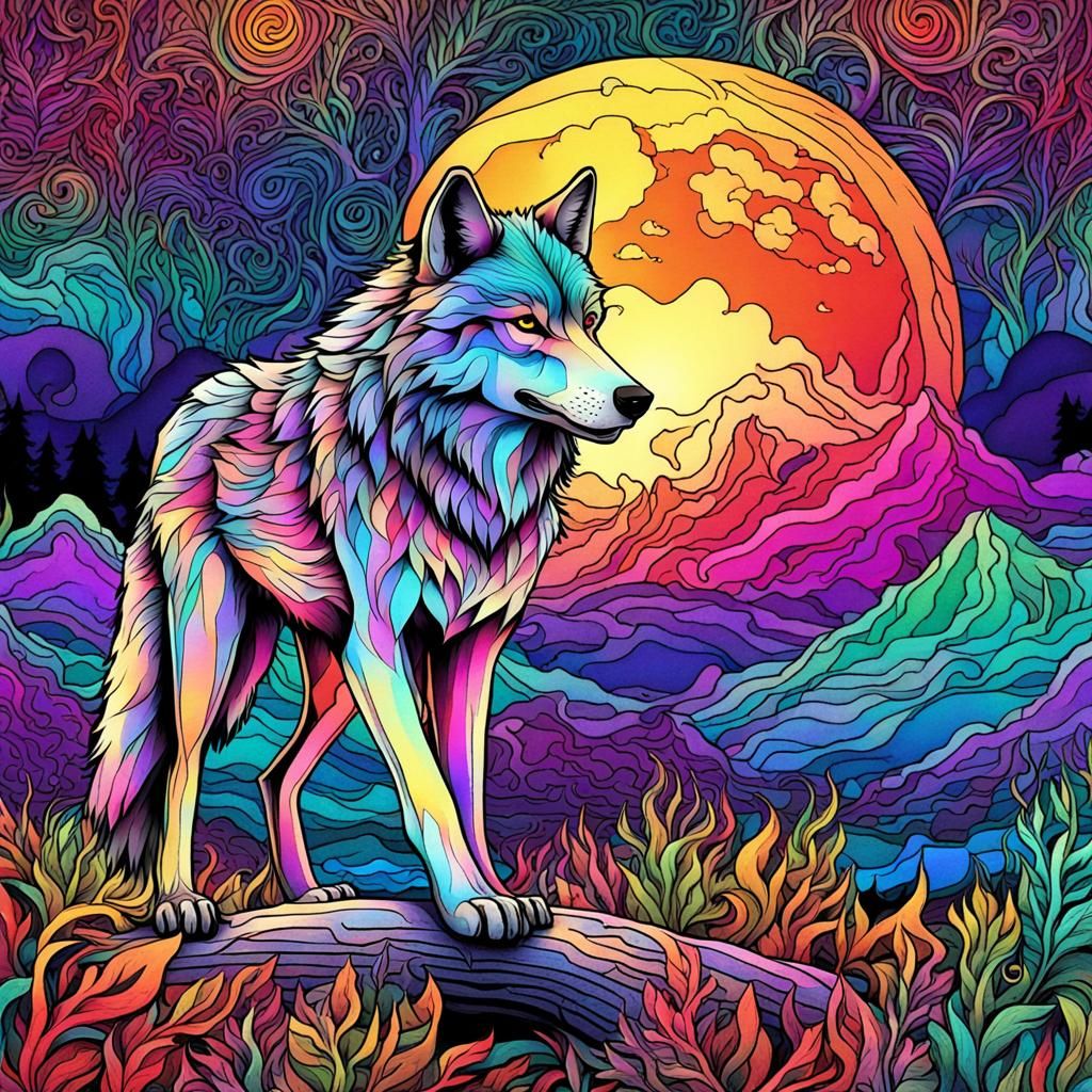 Fantasy Wolf Howl in Prismatic Colors