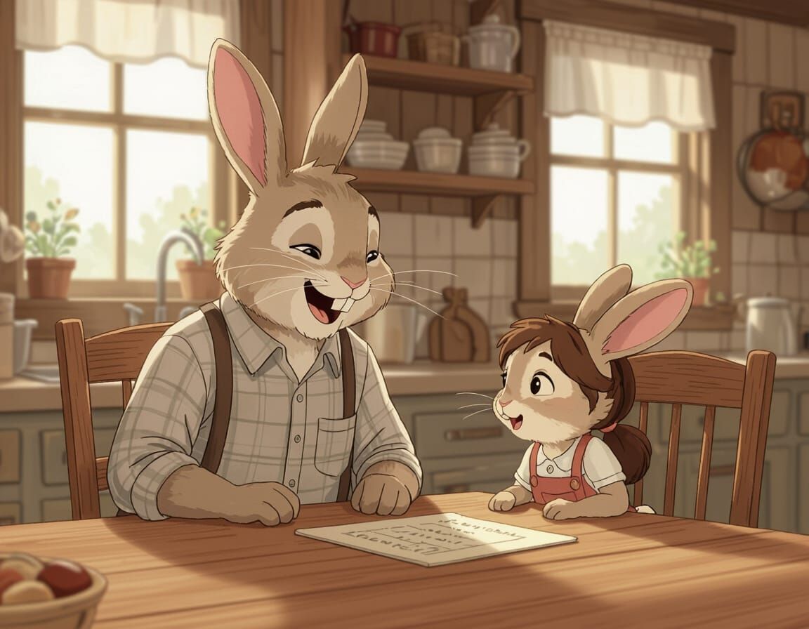 Sepia Tone Bunnies Share Story in Rustic Kitchen