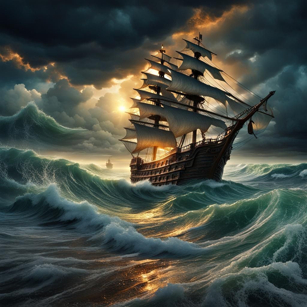 Pirate Ship Storm in a Bottle: Digital Art
