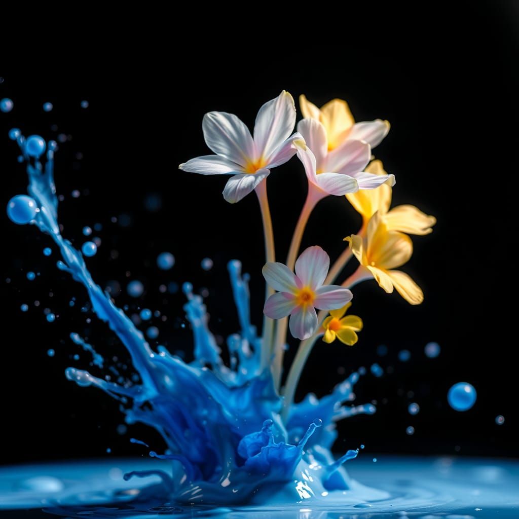 Electric Blue Paint Splatter with Pastel Flowers