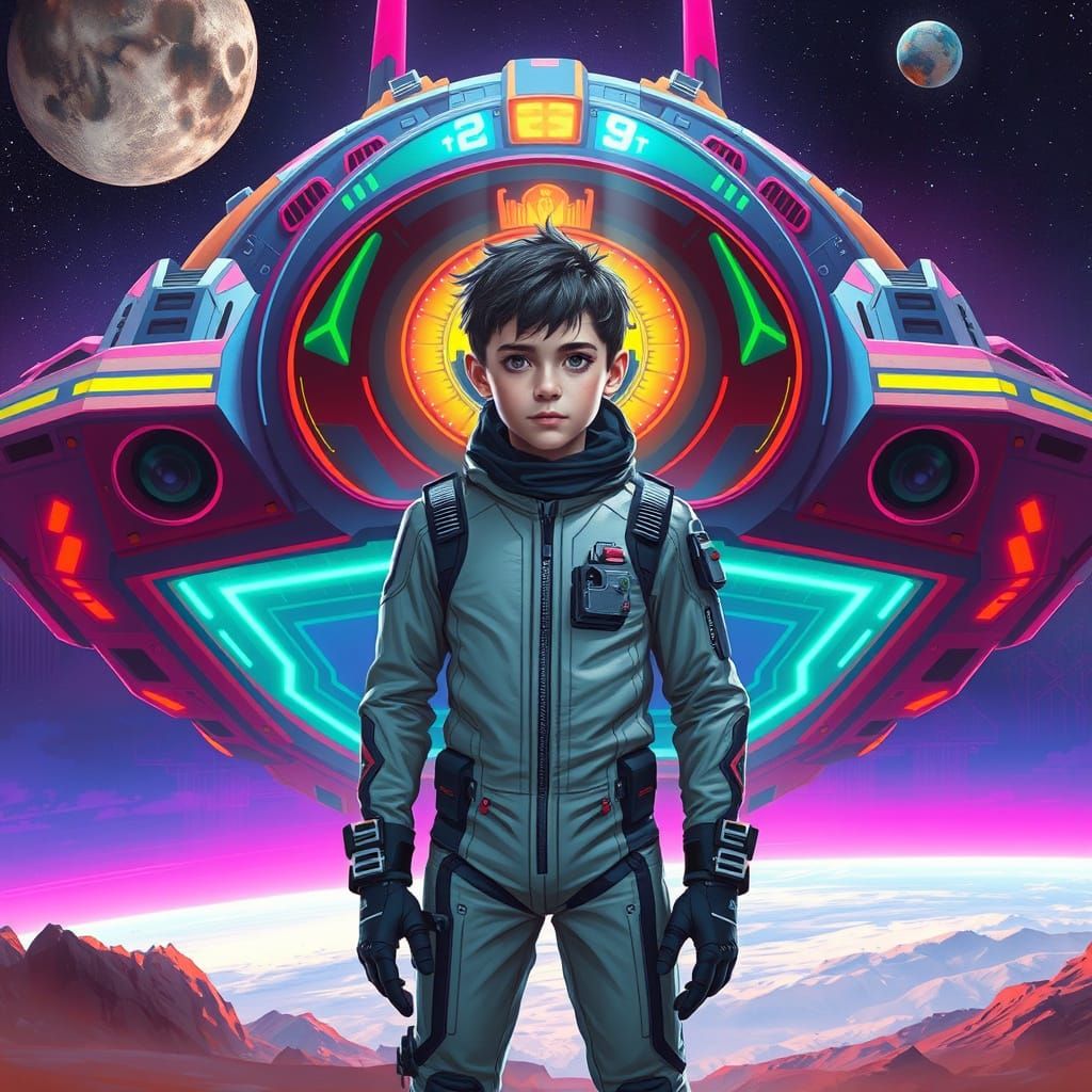 Boy and Spaceship in Retro-Futuristic Style