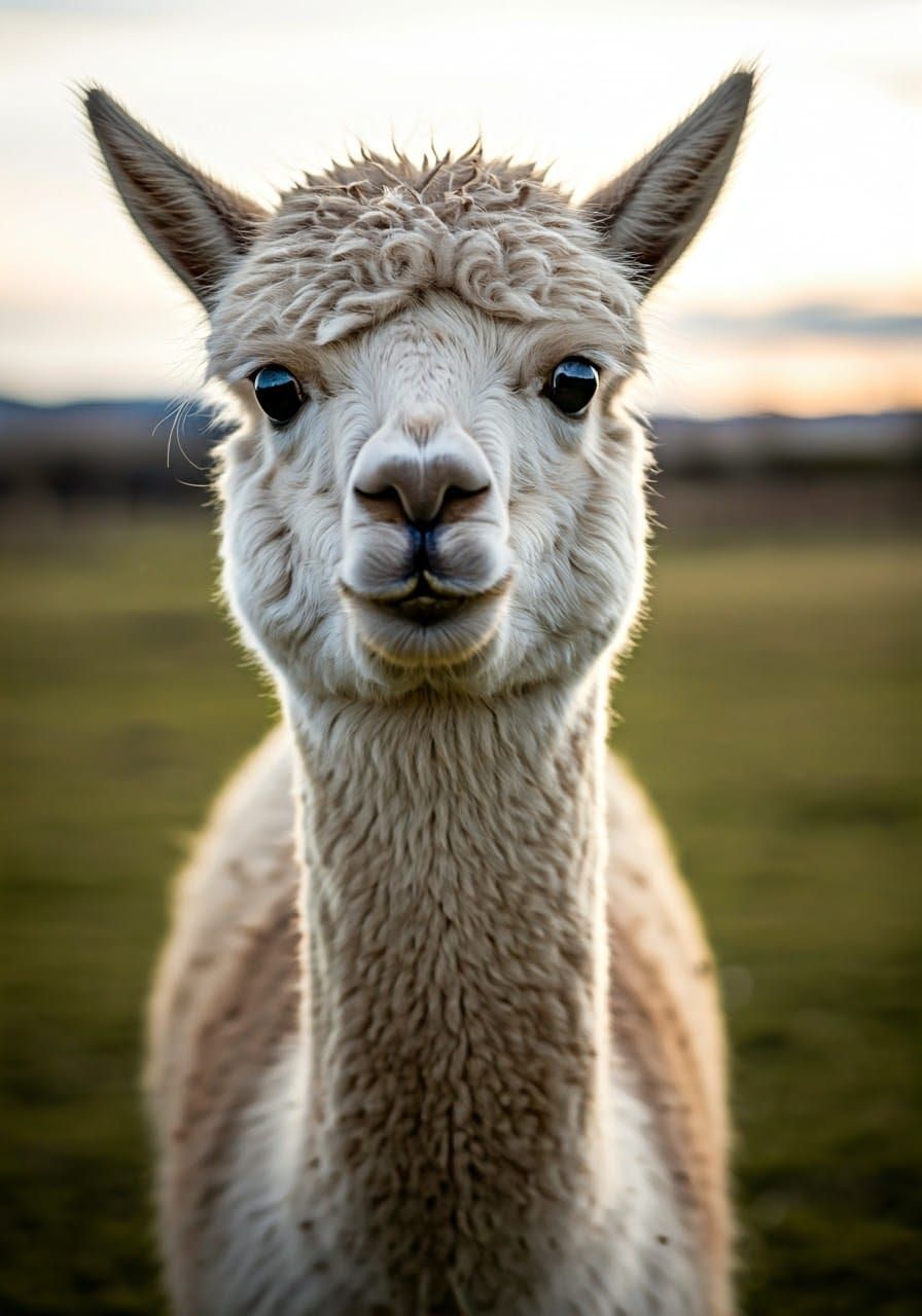 Vibrant White Alpaca Portrait in Dreamy Landscape