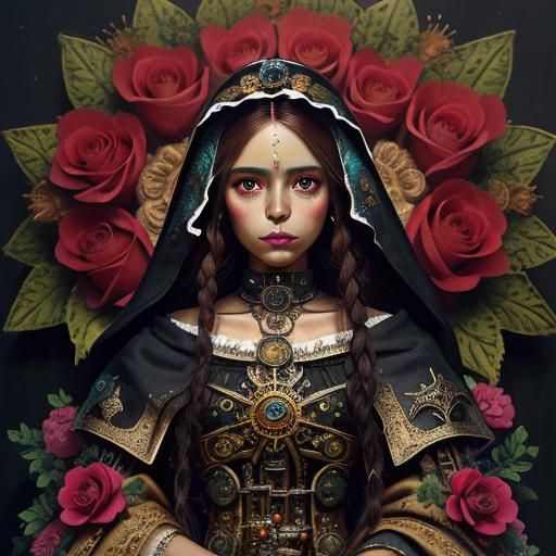 Steampunk Sugar Skull Virgen de Guadalupe Oil Painting