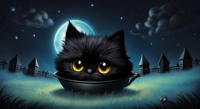 Chibi Kitten Under Surreal Night Sky
