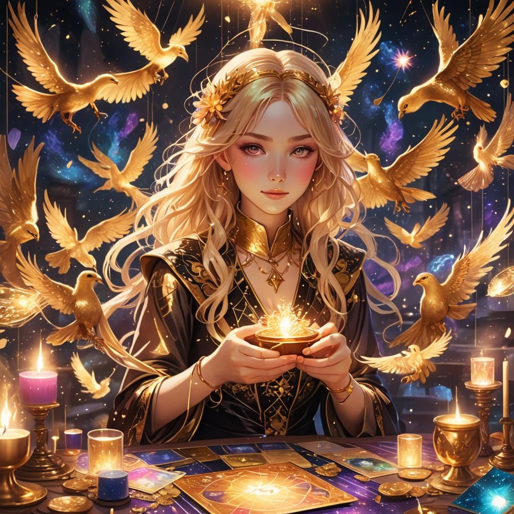 Anime Tarot Reader Celebrates with Phoenix in Gold