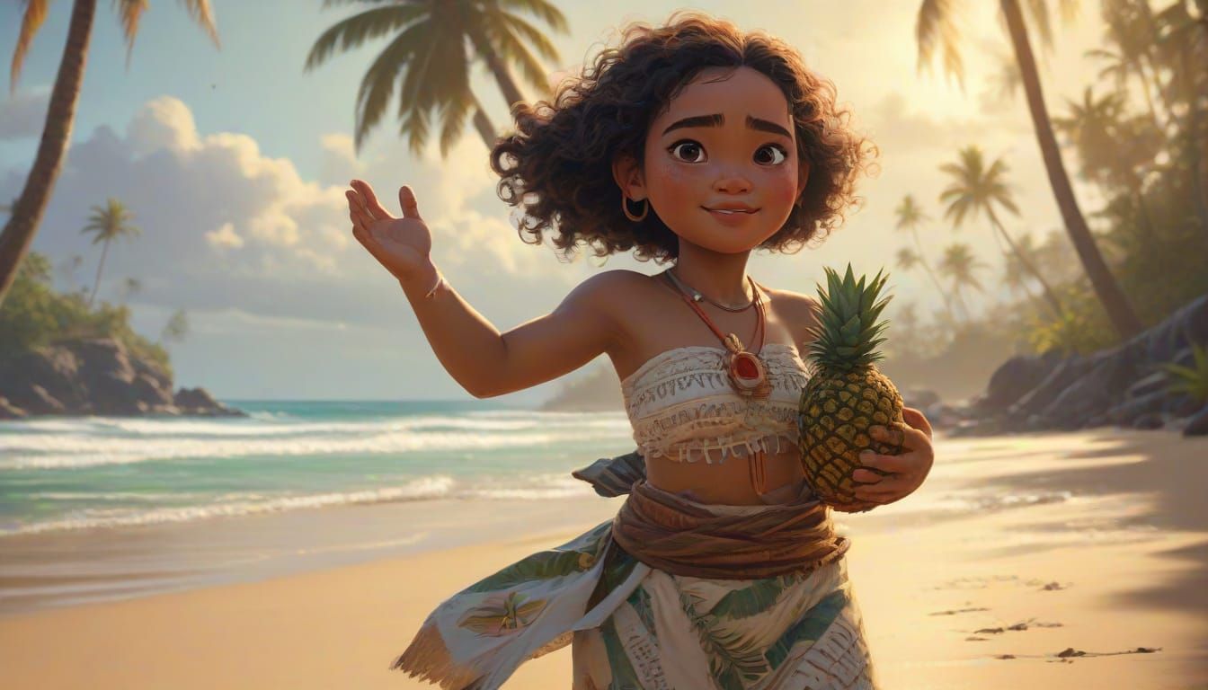 Vibrant Beach Scene of Happy Baby Moana Dancing with Pineapp...