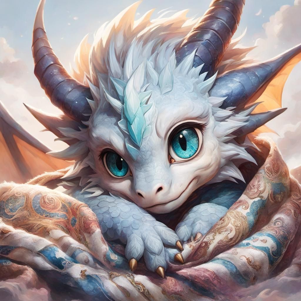 Anime Dragon Snuggles in Blanket: Fantasy Portrait
