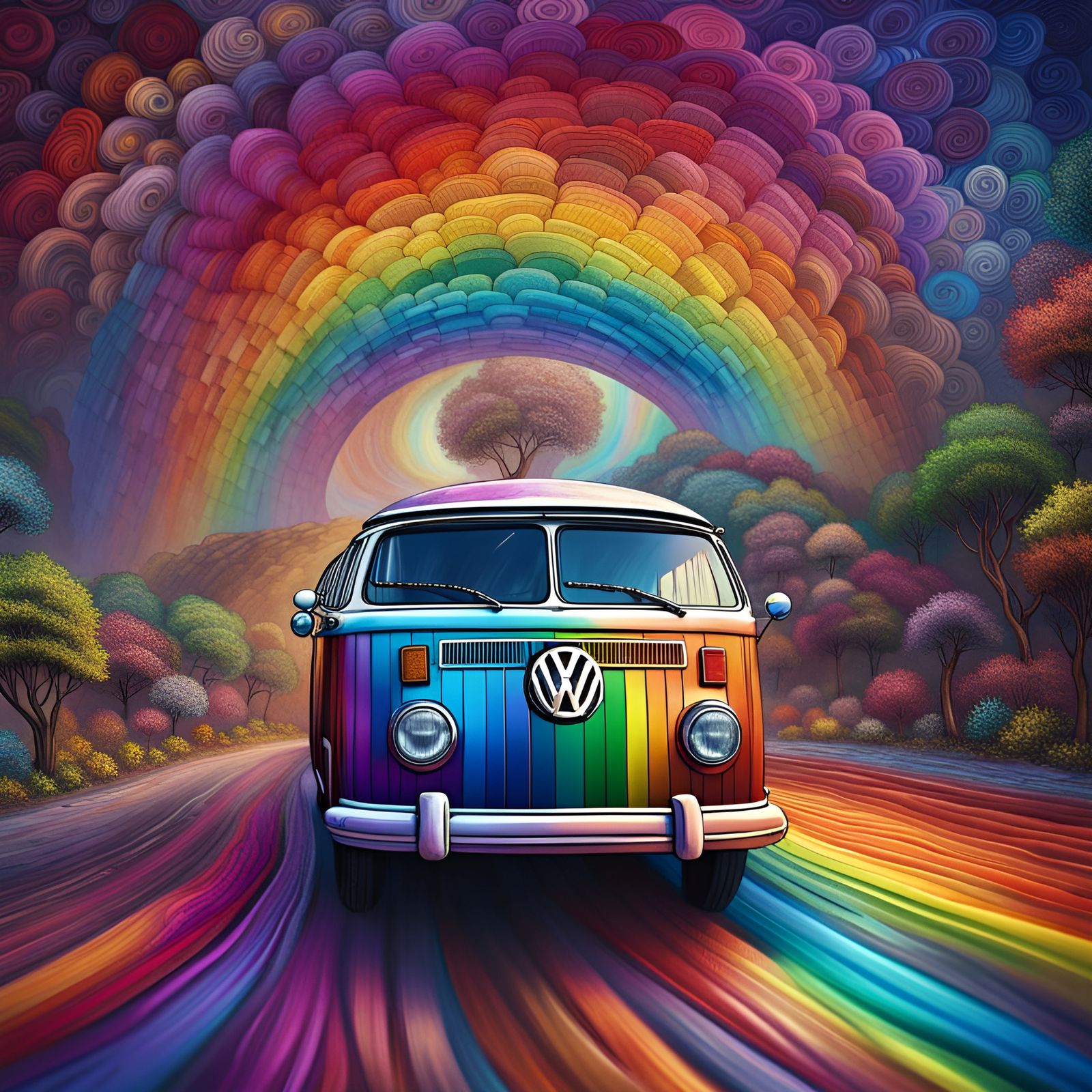 Volkswagen Van on Rainbow Road: Hyperdetailed Concept Art