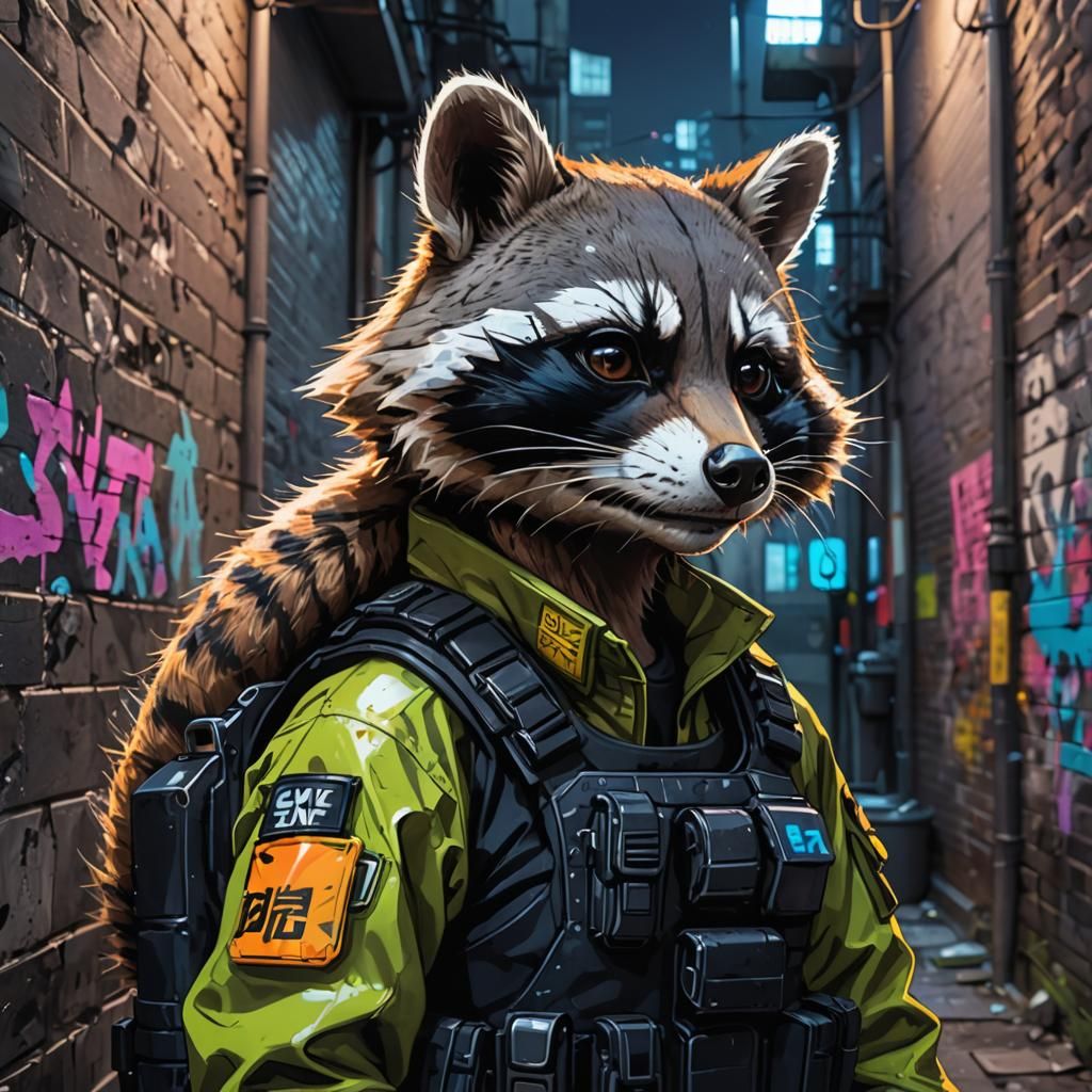Anime Raccoon SWAT Portrait in Urban Alleyway
