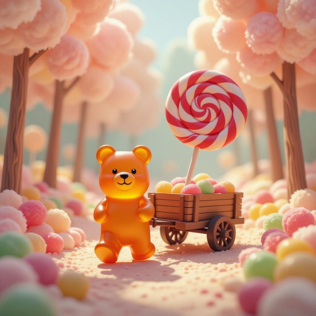 Gummy Bear in Jelly Forest with Lollipop, Candy Landscape