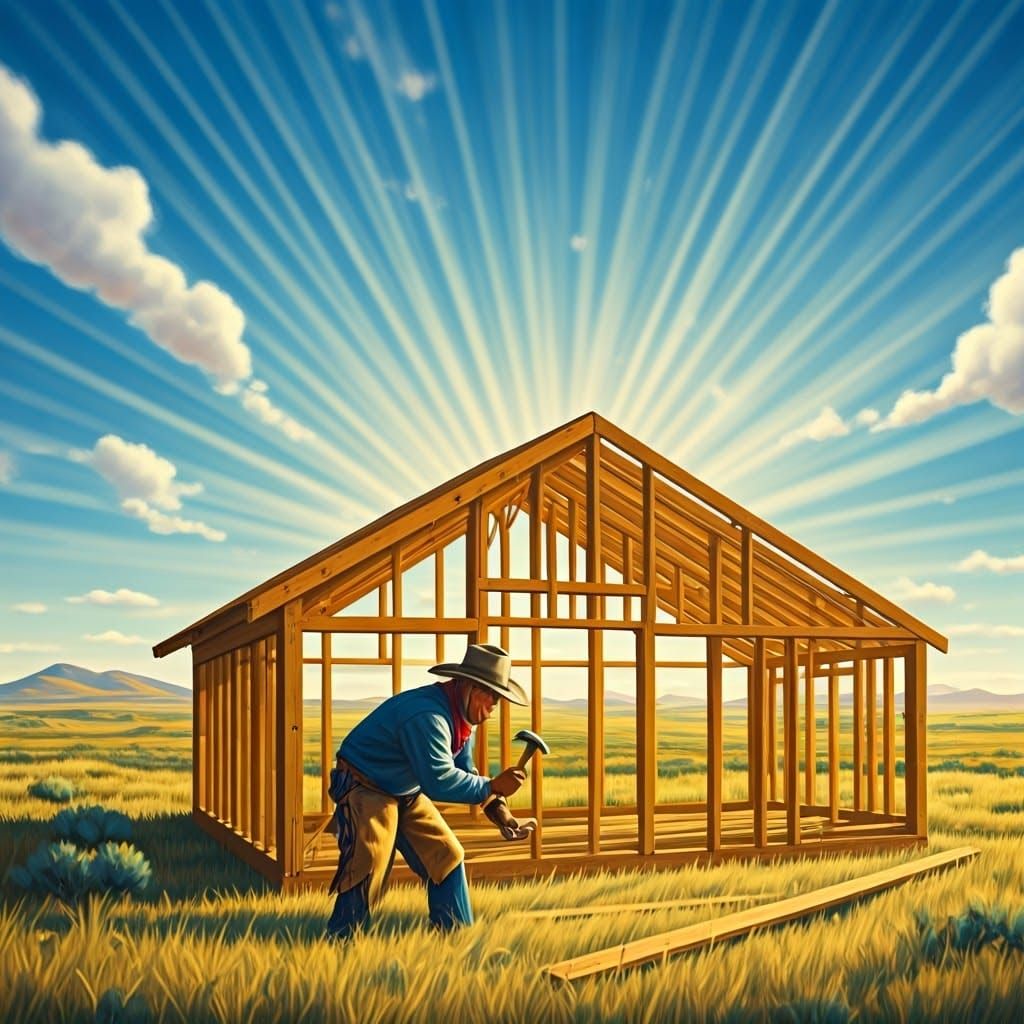 Rugged Cowboy Builds Shack Under Soft Blue Skies
