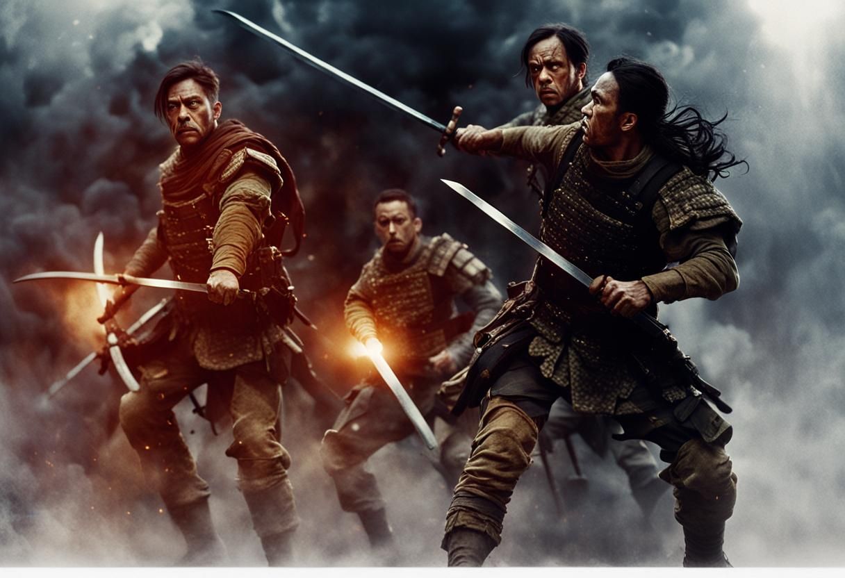 Dramatic Sword Battle in Gritty Film Style
