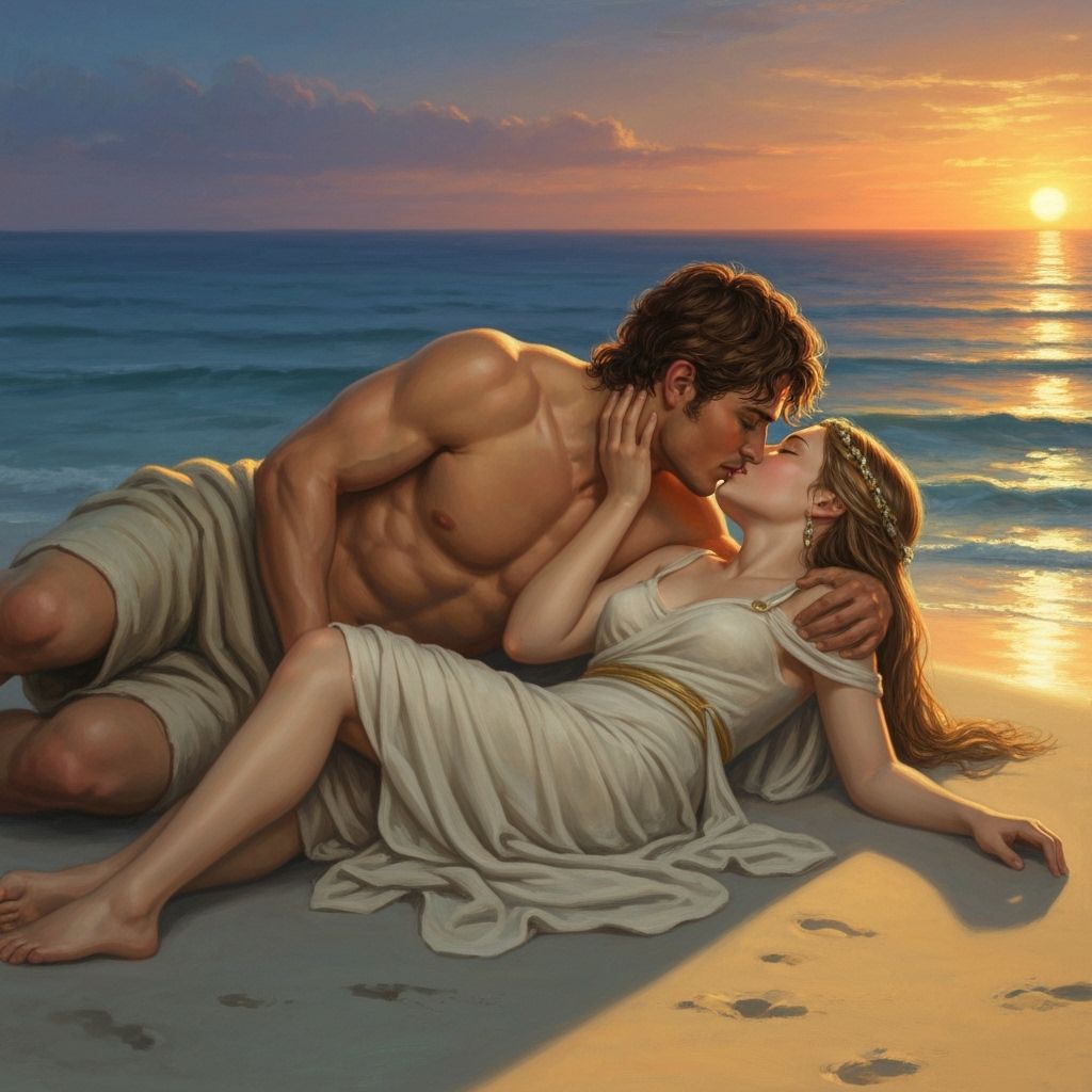 Theseus and Ariadne Kissing on Island Beach in Golden Hour