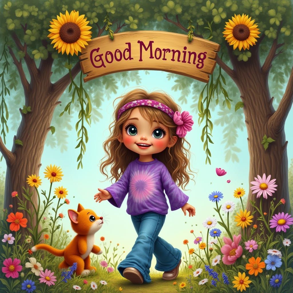 Happy Girl and Kitten in Floral Meadow, Dollbaby Style