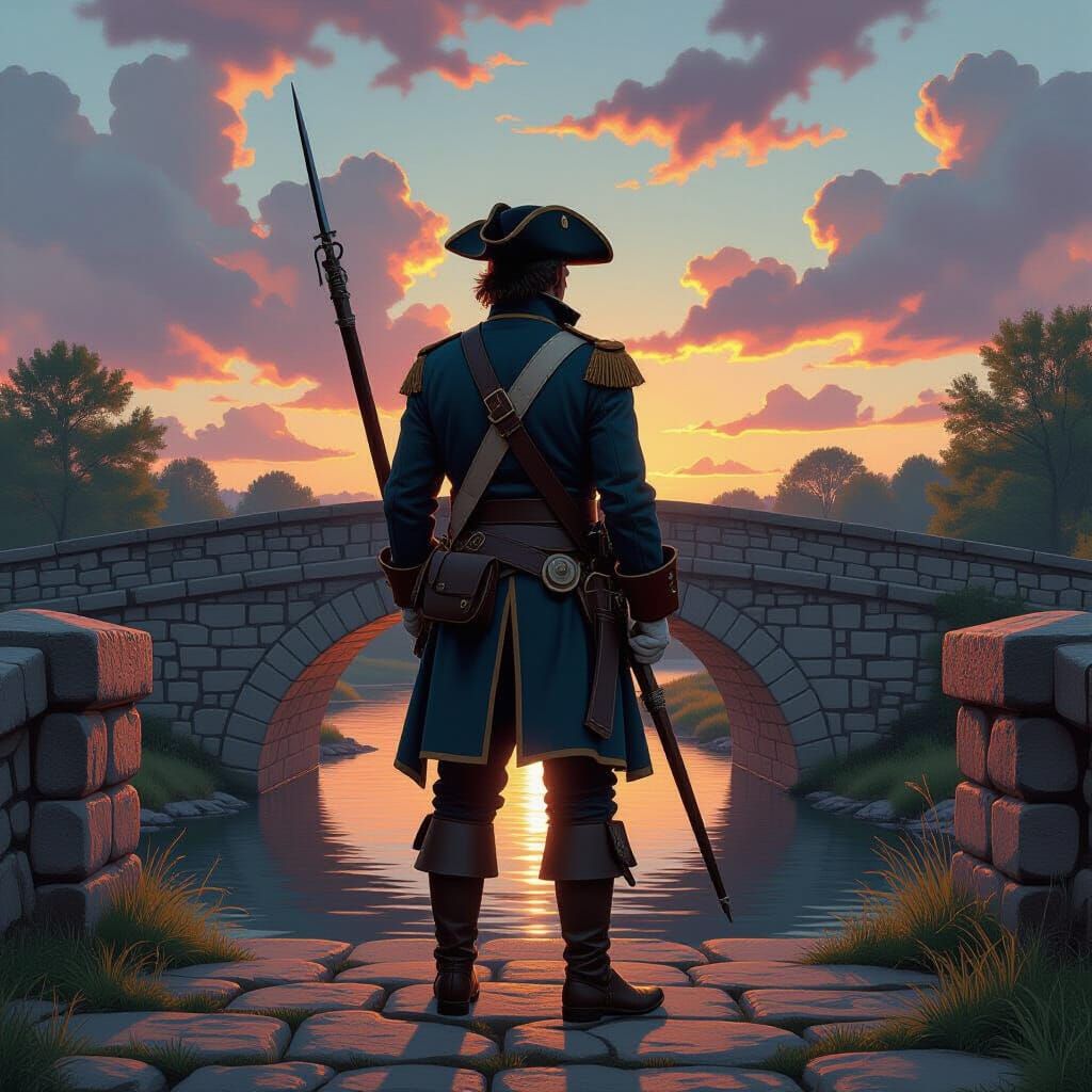 Revolutionary Soldier Guarding Stone Bridge in Hyperrealism