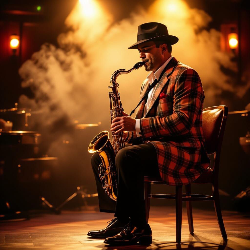 Charismatic Jazz Musician in Smoky Nightclub