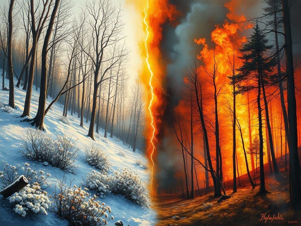 Winter and Summer Forests Divided by Lightning, as Oil Paint...
