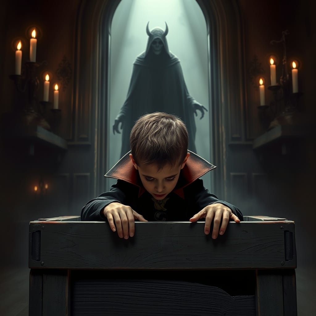 Terrified Boy in Dracula Costume Hiding from Wraith