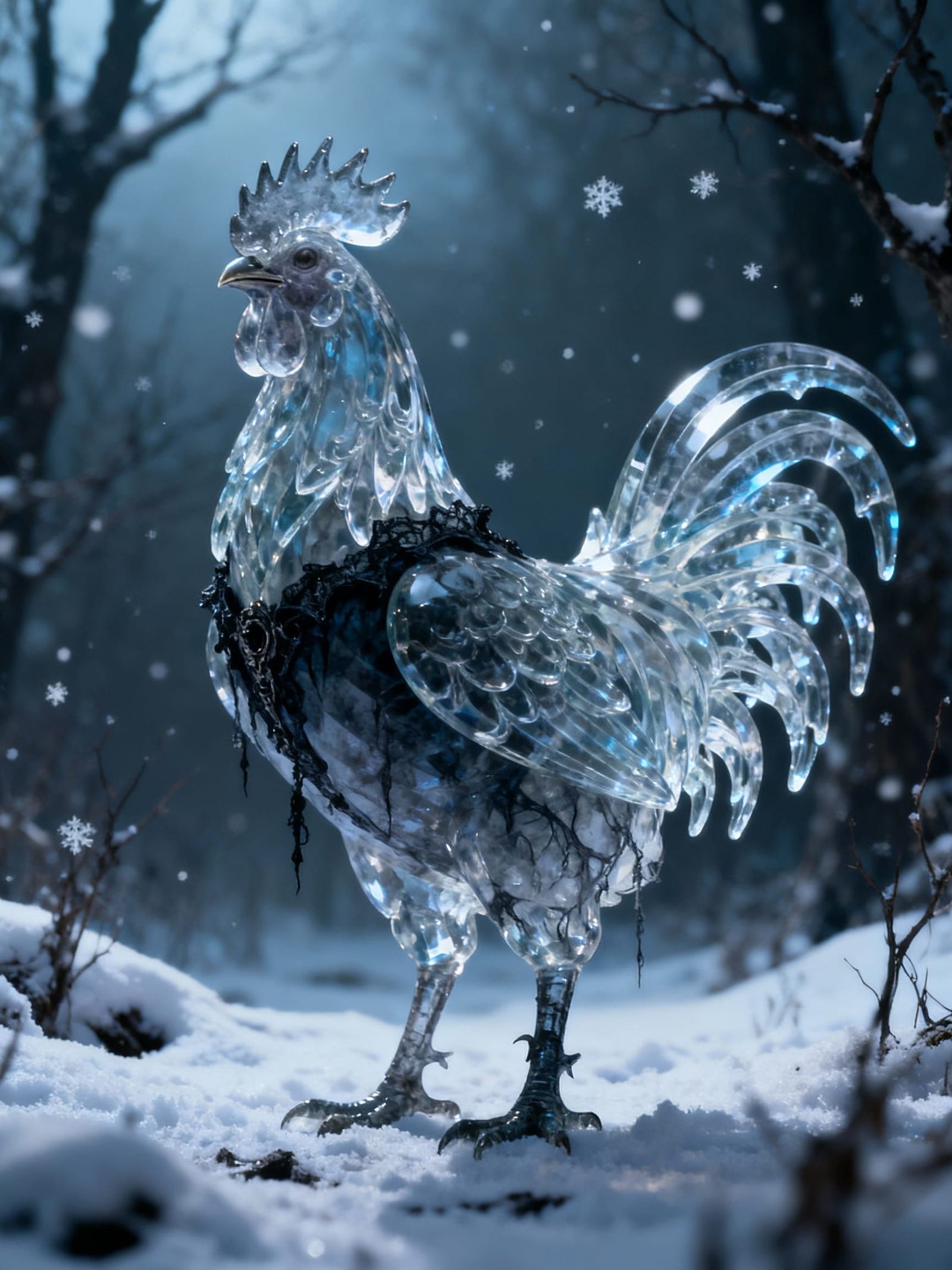 Glass Rooster Greets Dawn in Gothic Fantasy Style