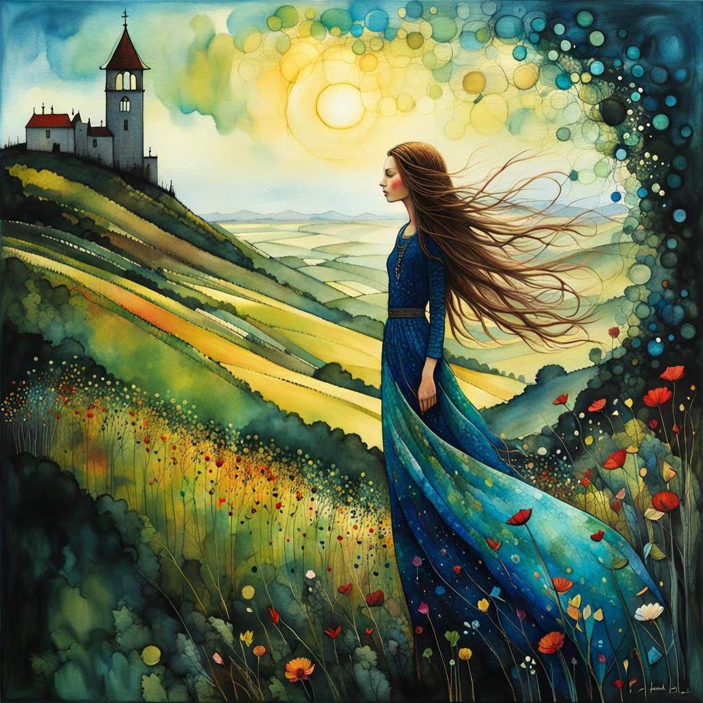 Girl on Windy Hill: Art Brut Liquid Ink Illustration