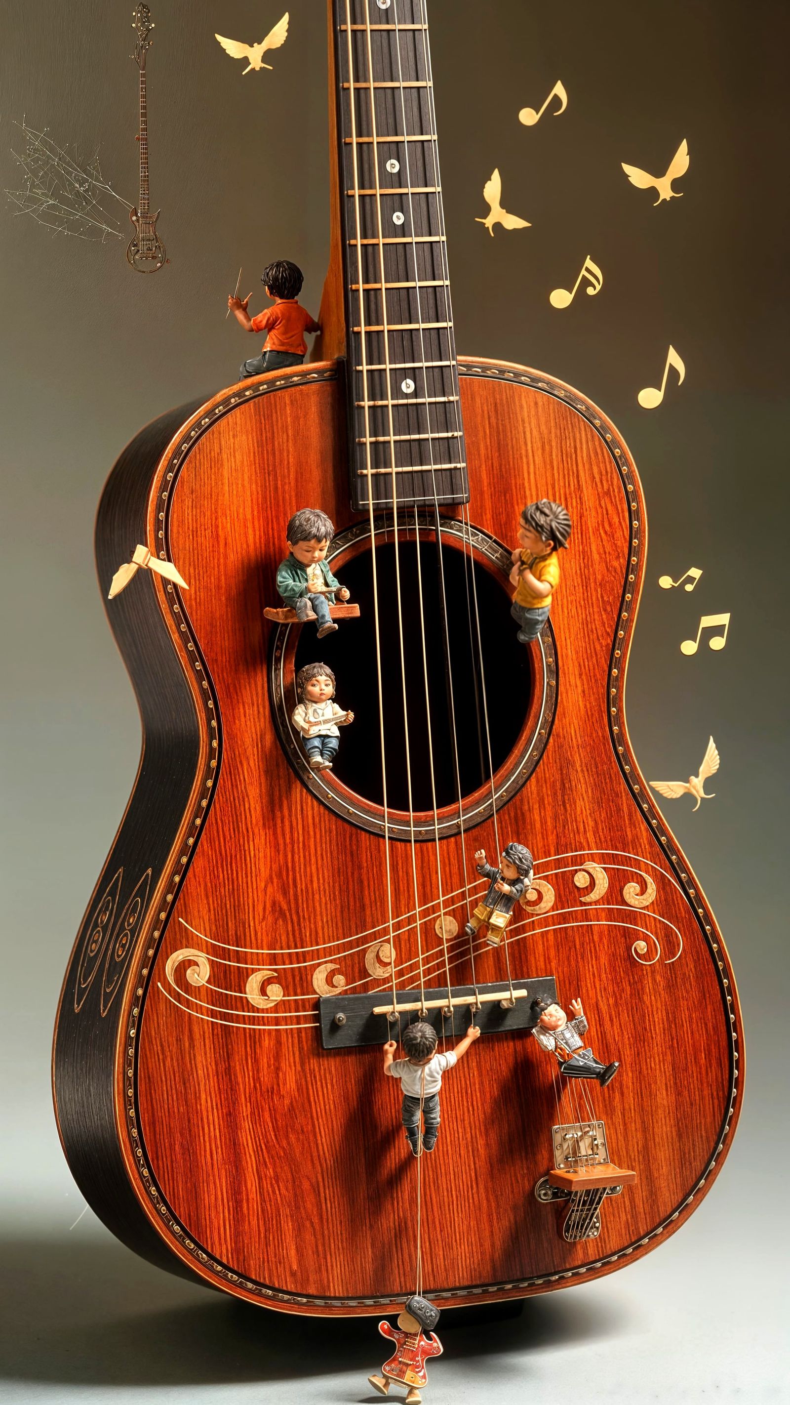 Miniature Musicians Play Redwood Guitar