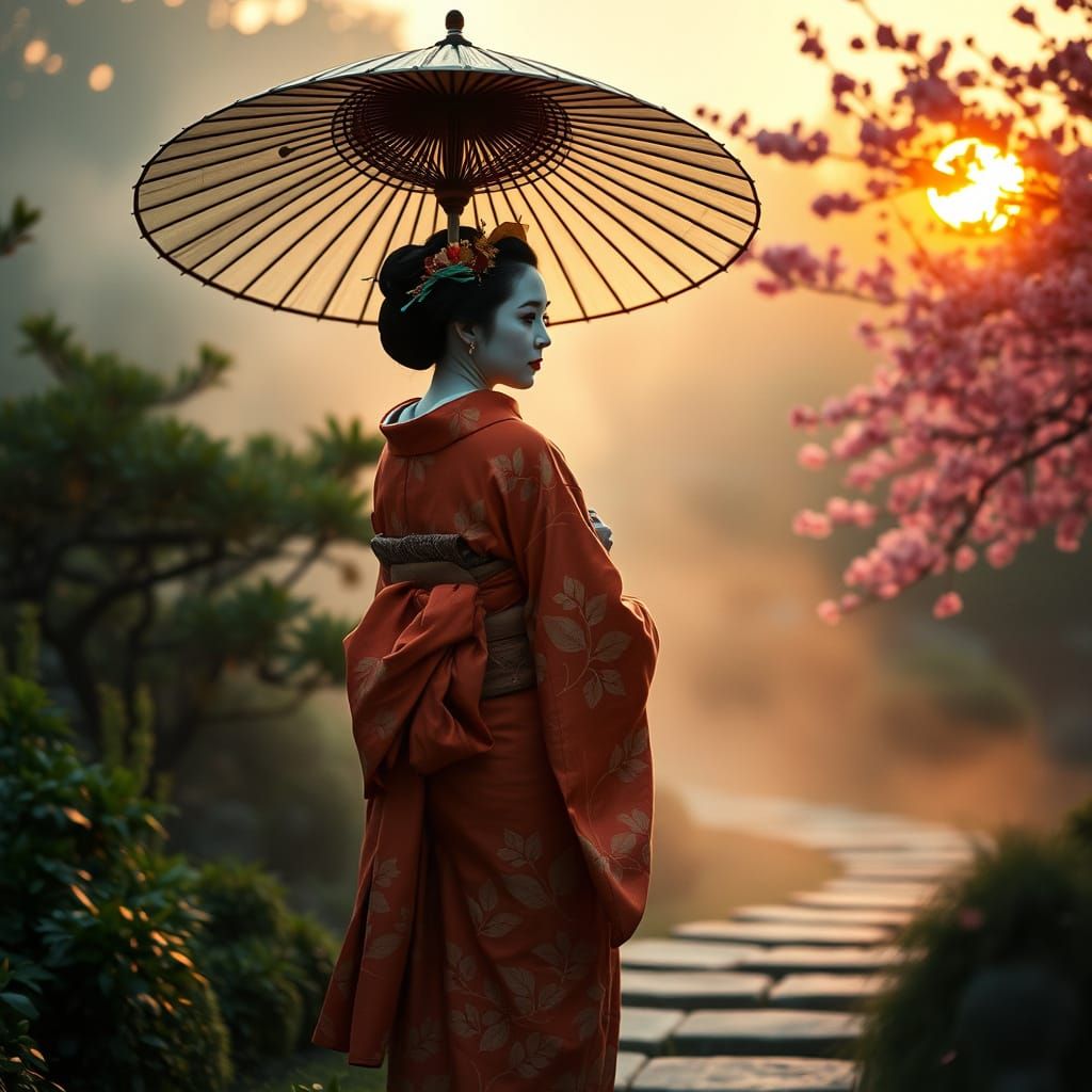 Elegant Geisha Strolls in a Serene Japanese Garden