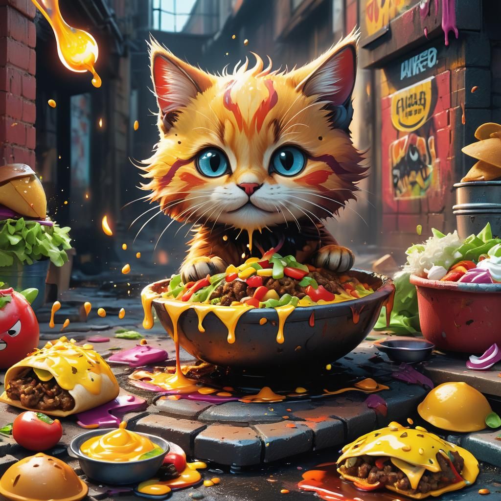 Cute Flame Kitten Heating a Taco, Graffiti Art