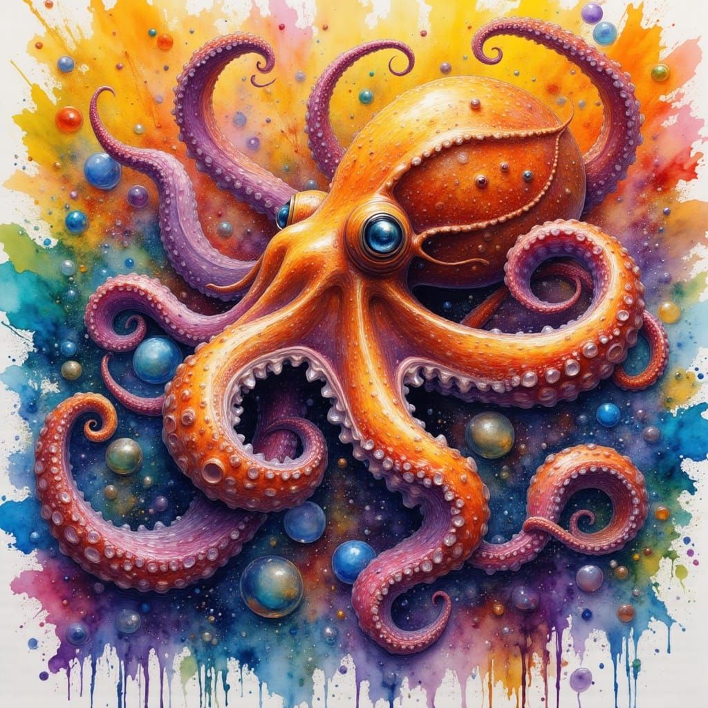 Vibrant Octopus in Digital Watercolor and Oil Painting