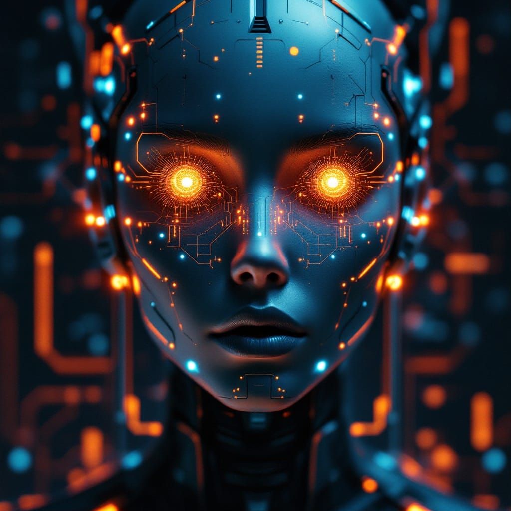 Cyberpunk Humanoid Figure with Glowing Circuits