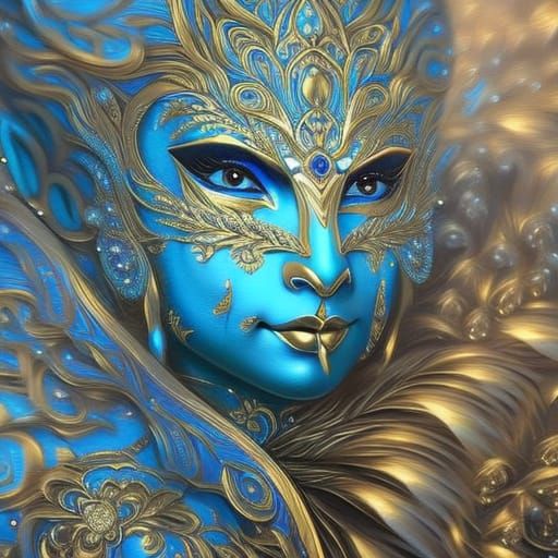 Golden Blue Krishna Portrait in Detailed Digital Art